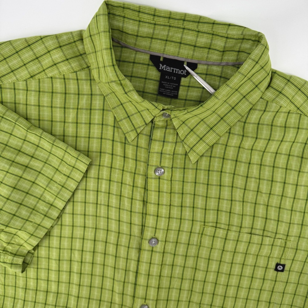 Marmot Mens XL Short Sleeve Button Down Shirt‎ Lime Green Plaid Technical Hiking